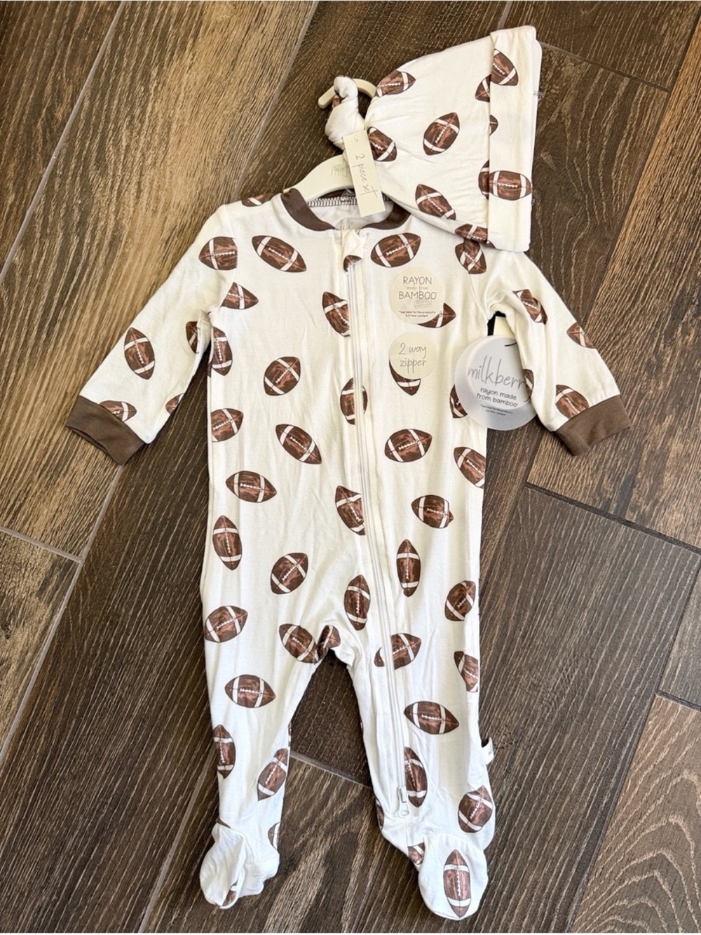 Milkberry Newborn Bamboo Footie Football/Knotted Hat 2-Way Zip Pajamas—3-6M